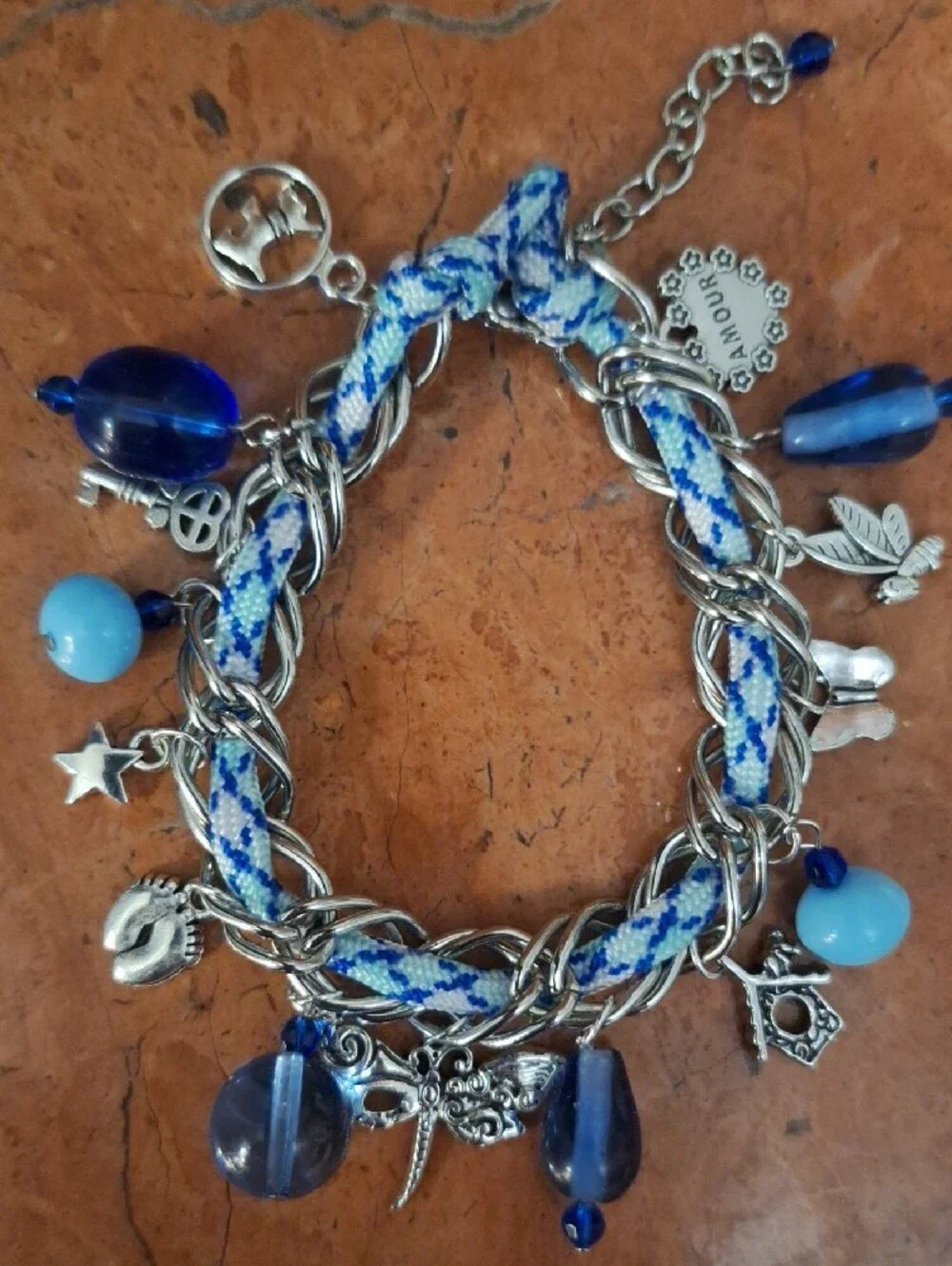 Silver Chain Charm Bracelet with Blue Glass Beads